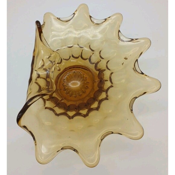 Amber Ashtray Dish Wave Art Glass MCM Folded Edge Footed  7.5” Vintage - Picture 2 of 5